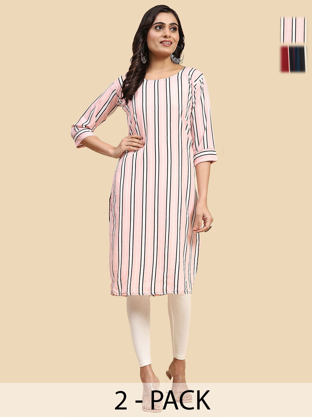 

Phenav Selection Of 2 Striped Straight Kurta, Pink