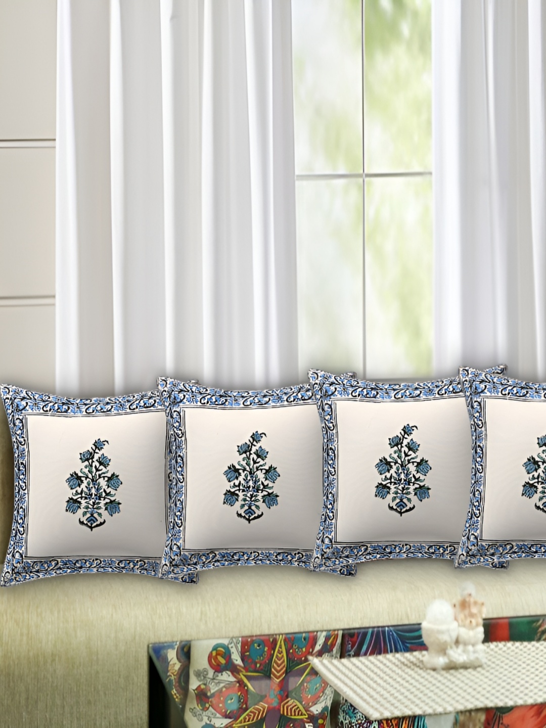 

Texstylers Blue 5 Pcs Floral Cotton Square Cushion Covers