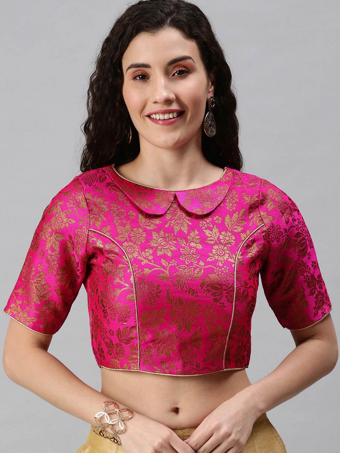 

flaher Woven Design Jacquard Readymade Saree Blouse, Pink