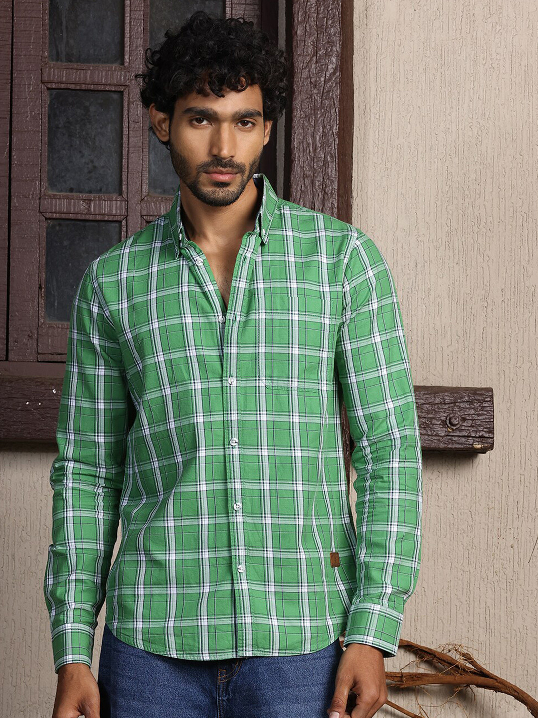 

Thomas Scott Standard Slim Fit Tartan Checks Pure Cotton Casual Shirt, Green