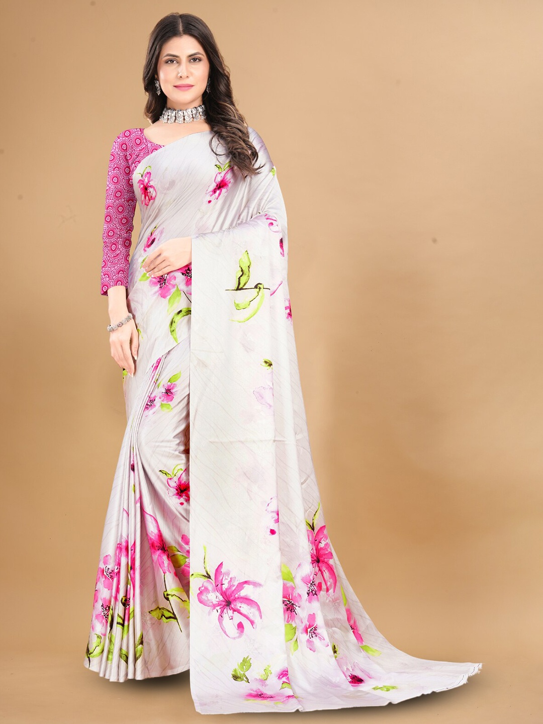 

Inithi Floral Printed Satin Saree, Cream