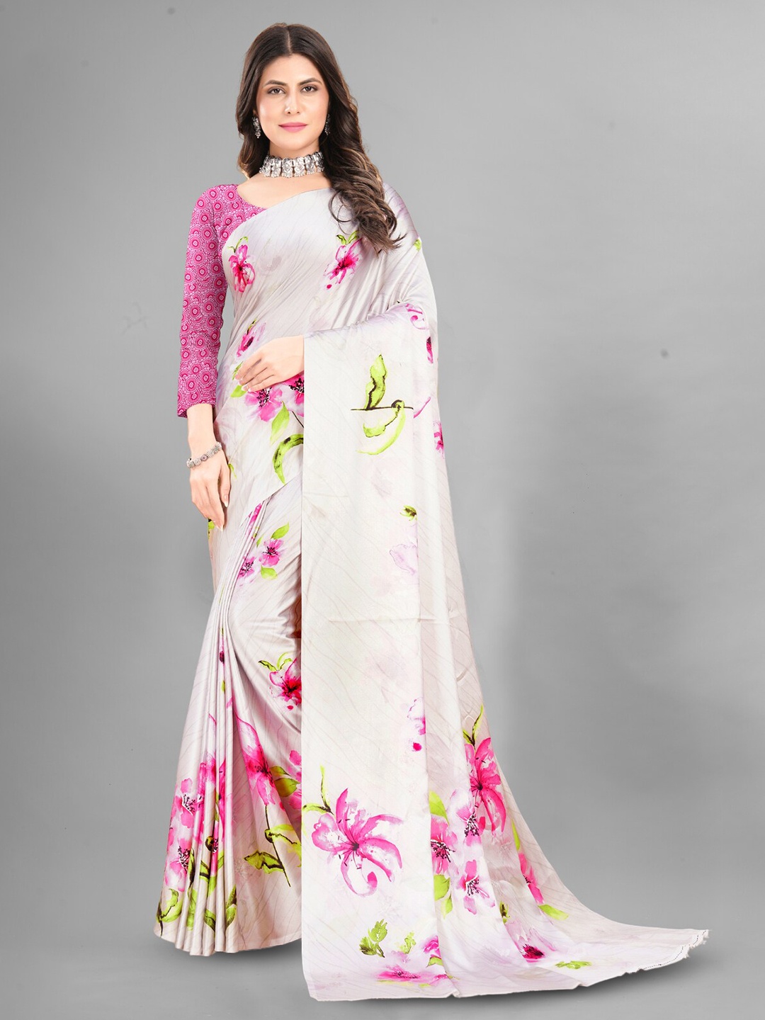 

Inithi Floral Printed Satin Saree, Cream