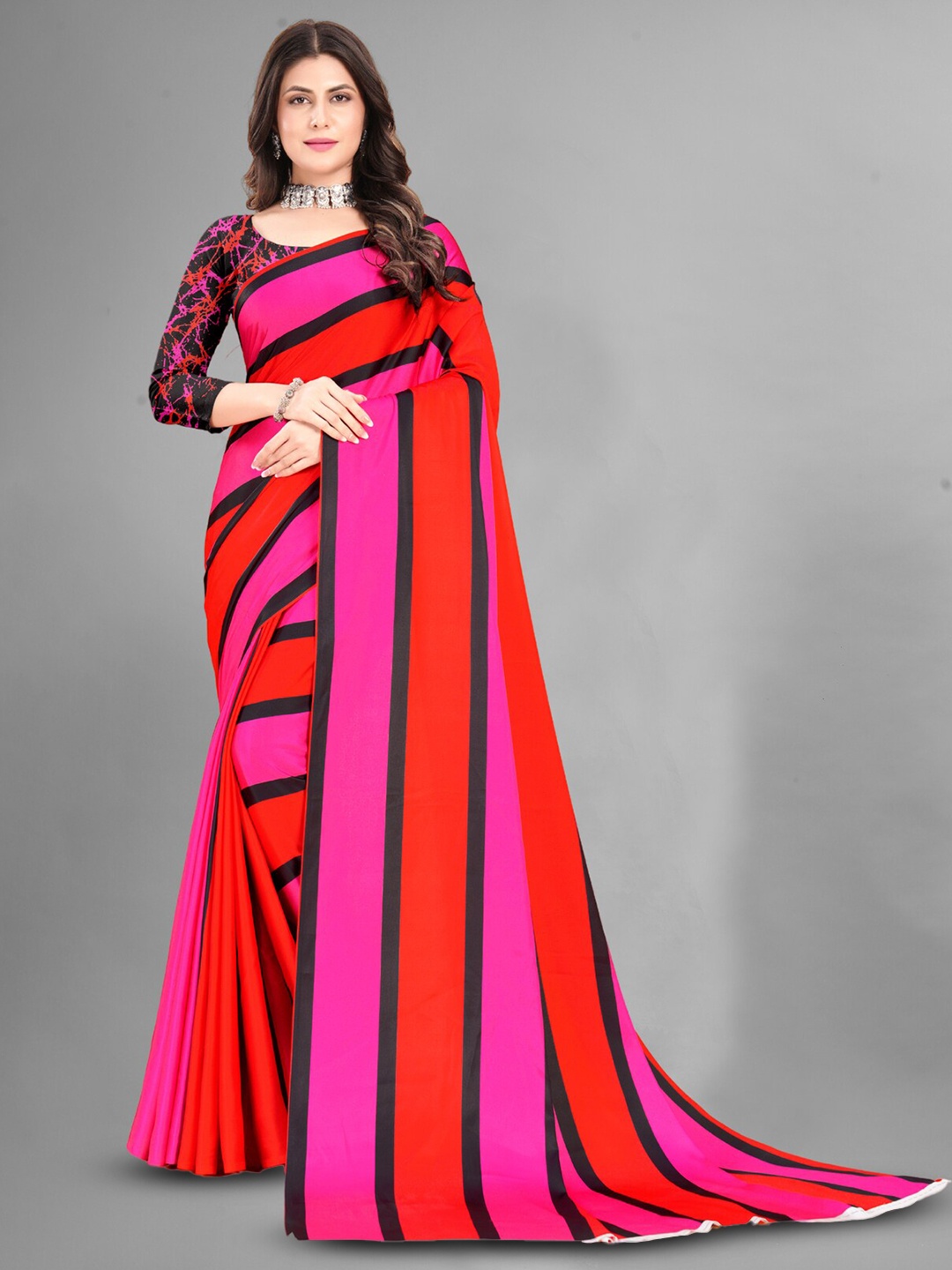 

Inithi Striped Satin Saree, Pink