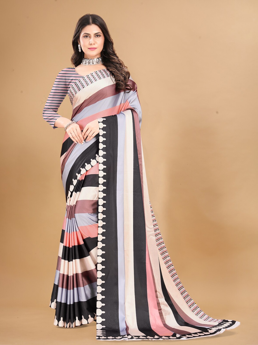 

Inithi Striped Satin Saree, Black