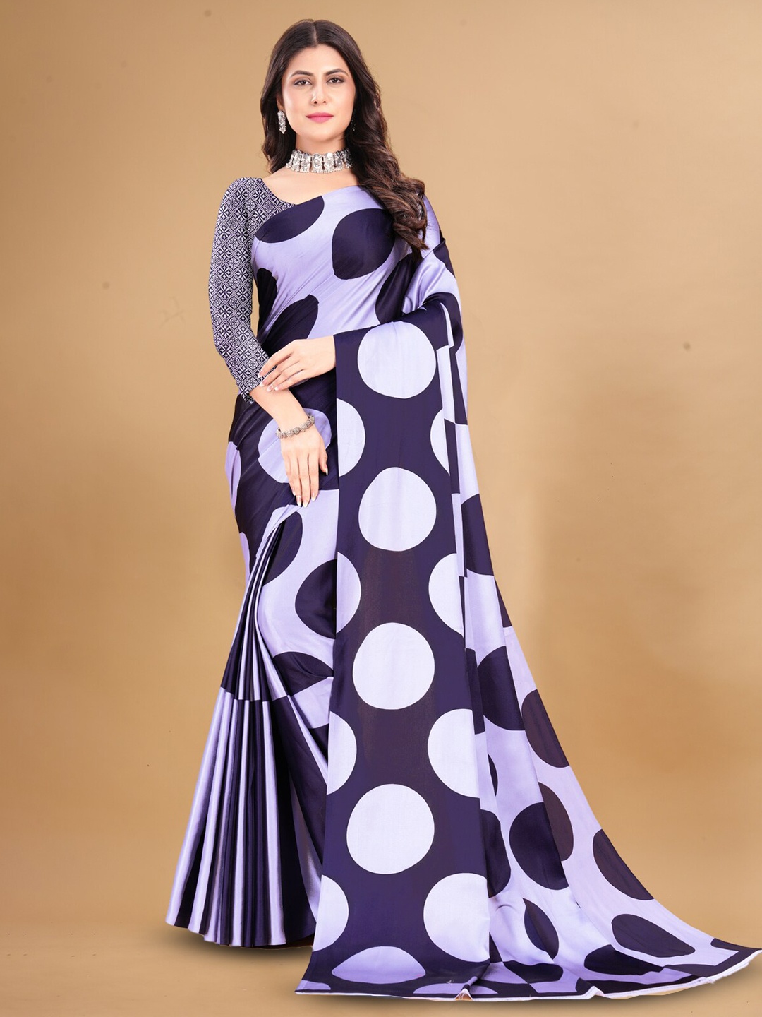 

Inithi Polka Dot Printed Satin Saree, Purple