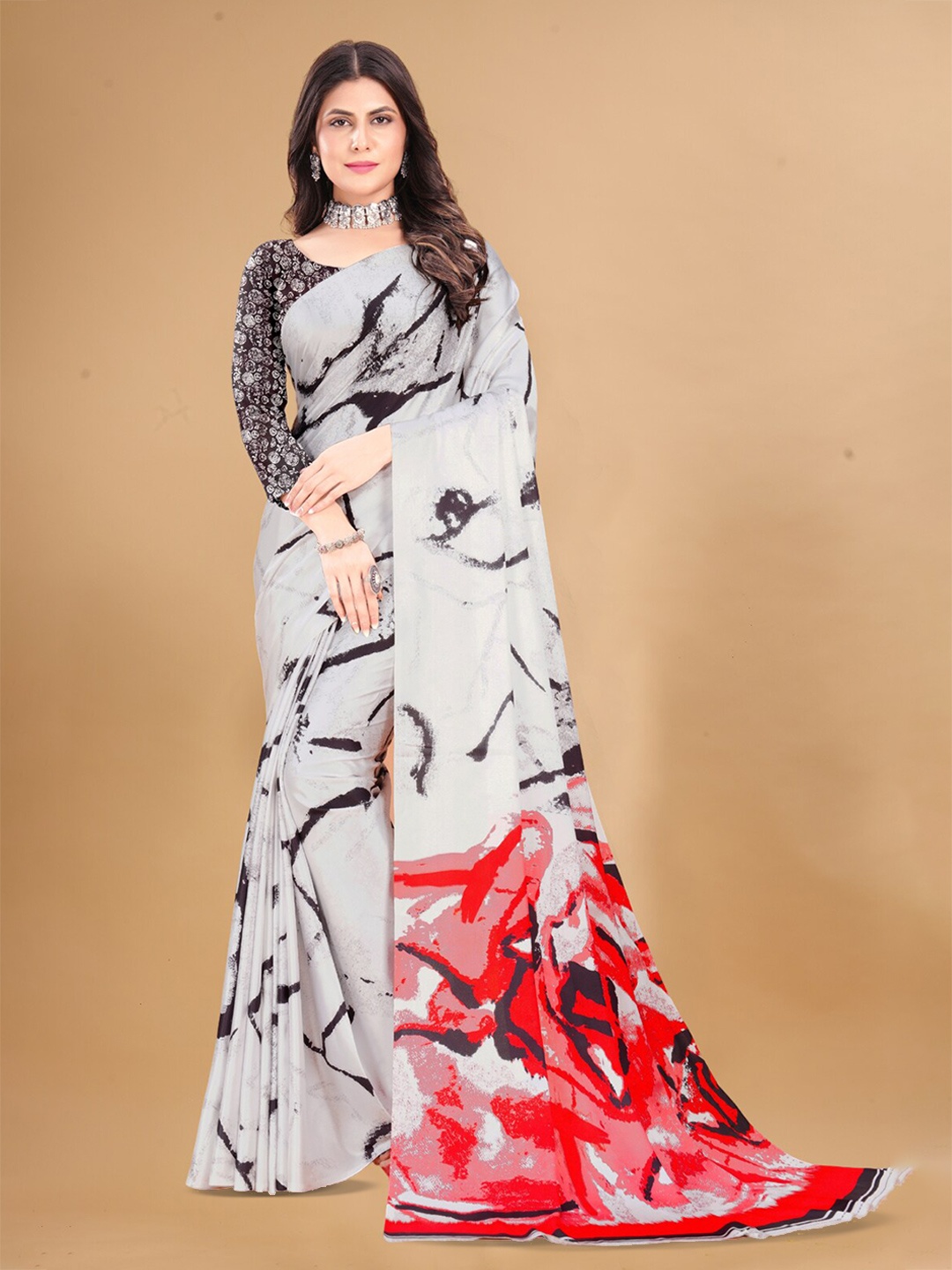 

Inithi Abstract Printed Satin Saree, Red