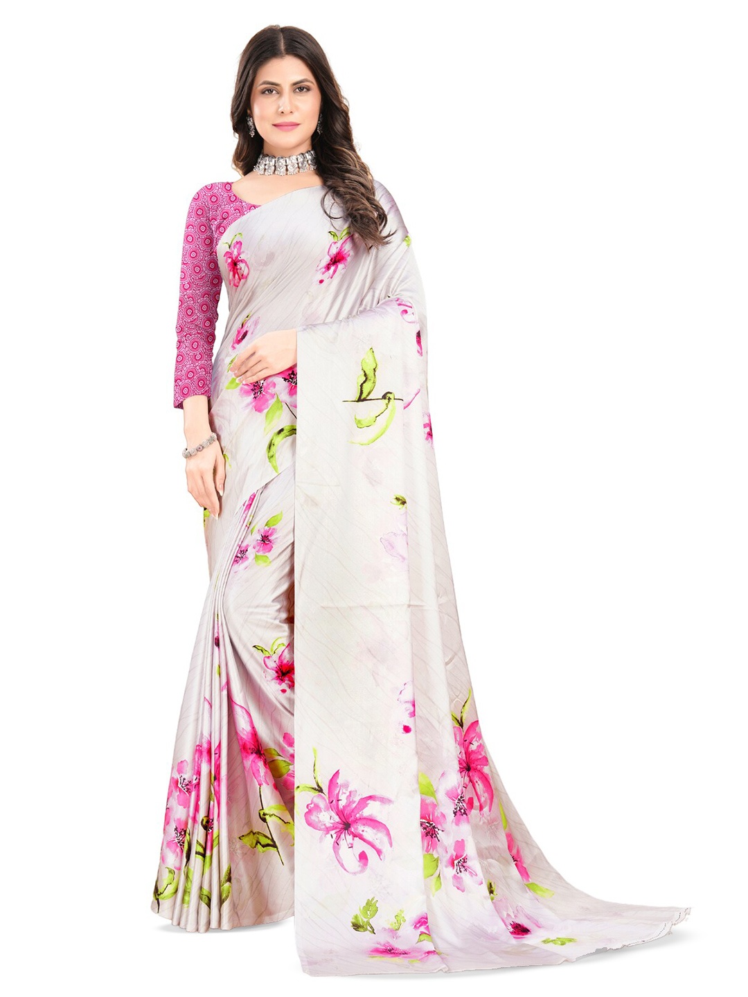 

Inithi Floral Printed Satin Saree, Cream