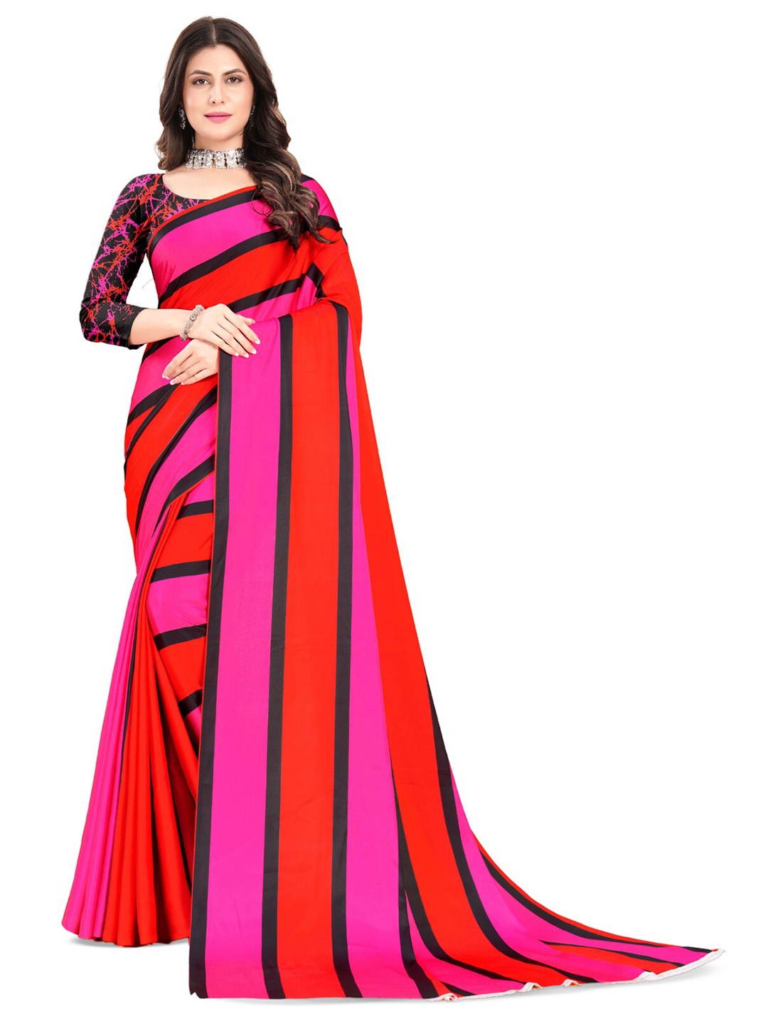 

Inithi Striped Printed Satin Saree, Black