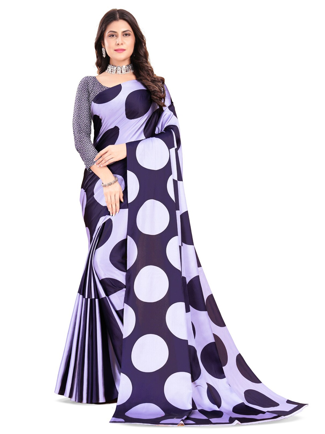 

Inithi Geometric Printed Satin Saree, Purple