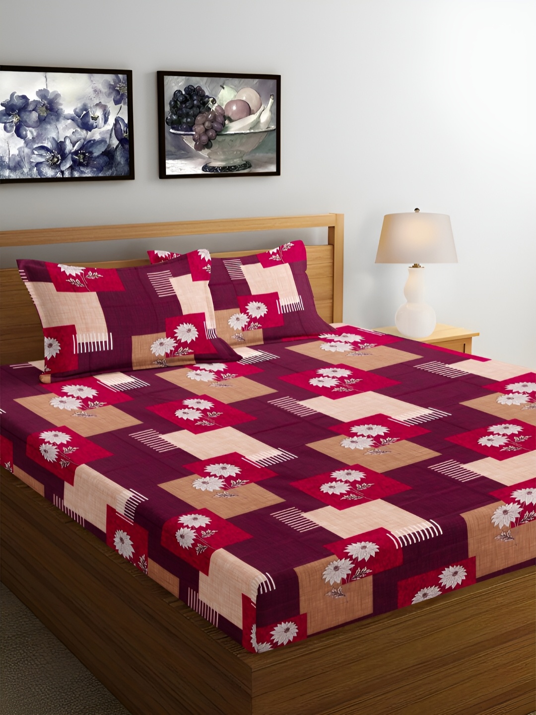 Srijee Decors Pink & Beige Floral Pure Cotton 250 TC Queen Bedsheet With 2 Pillow Covers