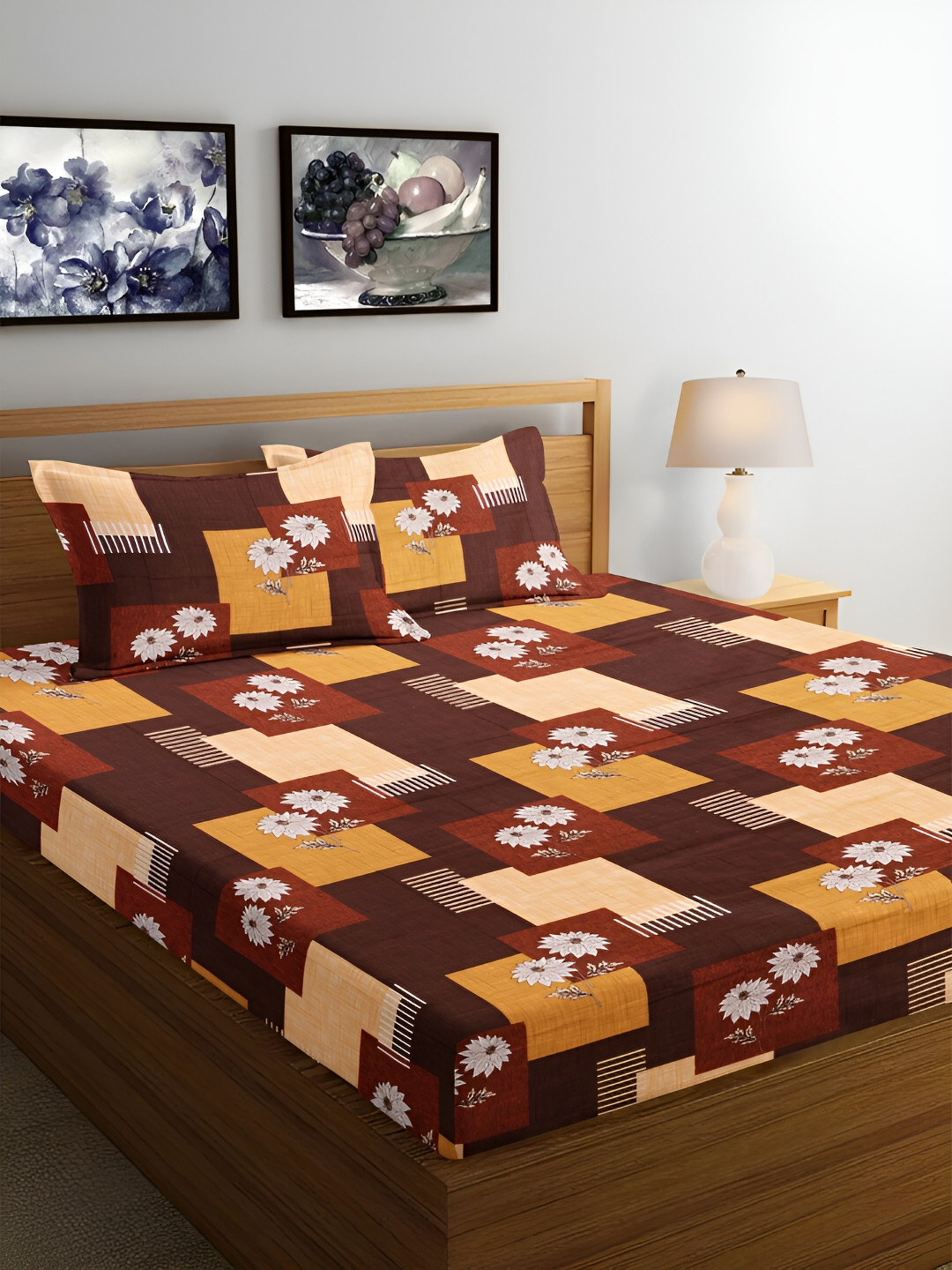 

Srijee Decors Brown & Peach Floral Pure Cotton 250 TC Queen Bedsheet With 2 Pillow Covers