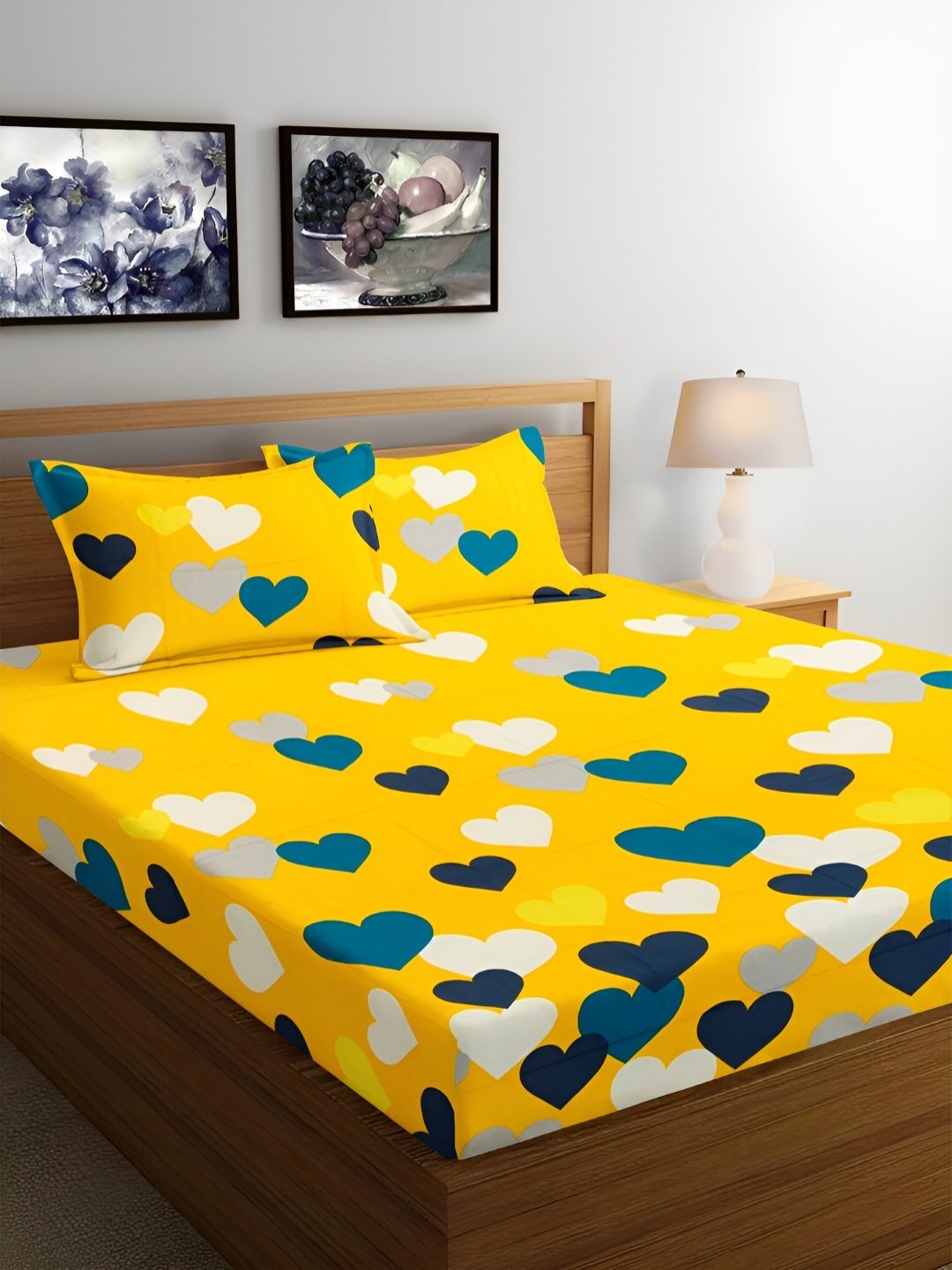 

Srijee Decors Yellow & Blue Graphic Pure Cotton 250 TC Queen Bedsheet With 2 Pillow Covers