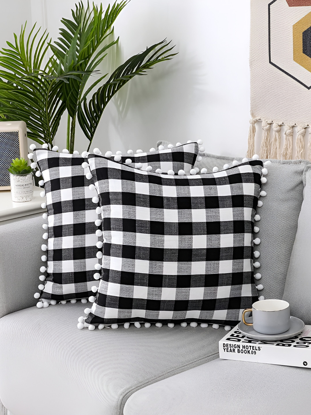 

BIRD WING Black & White Checked Cotton Square Cushion Cover