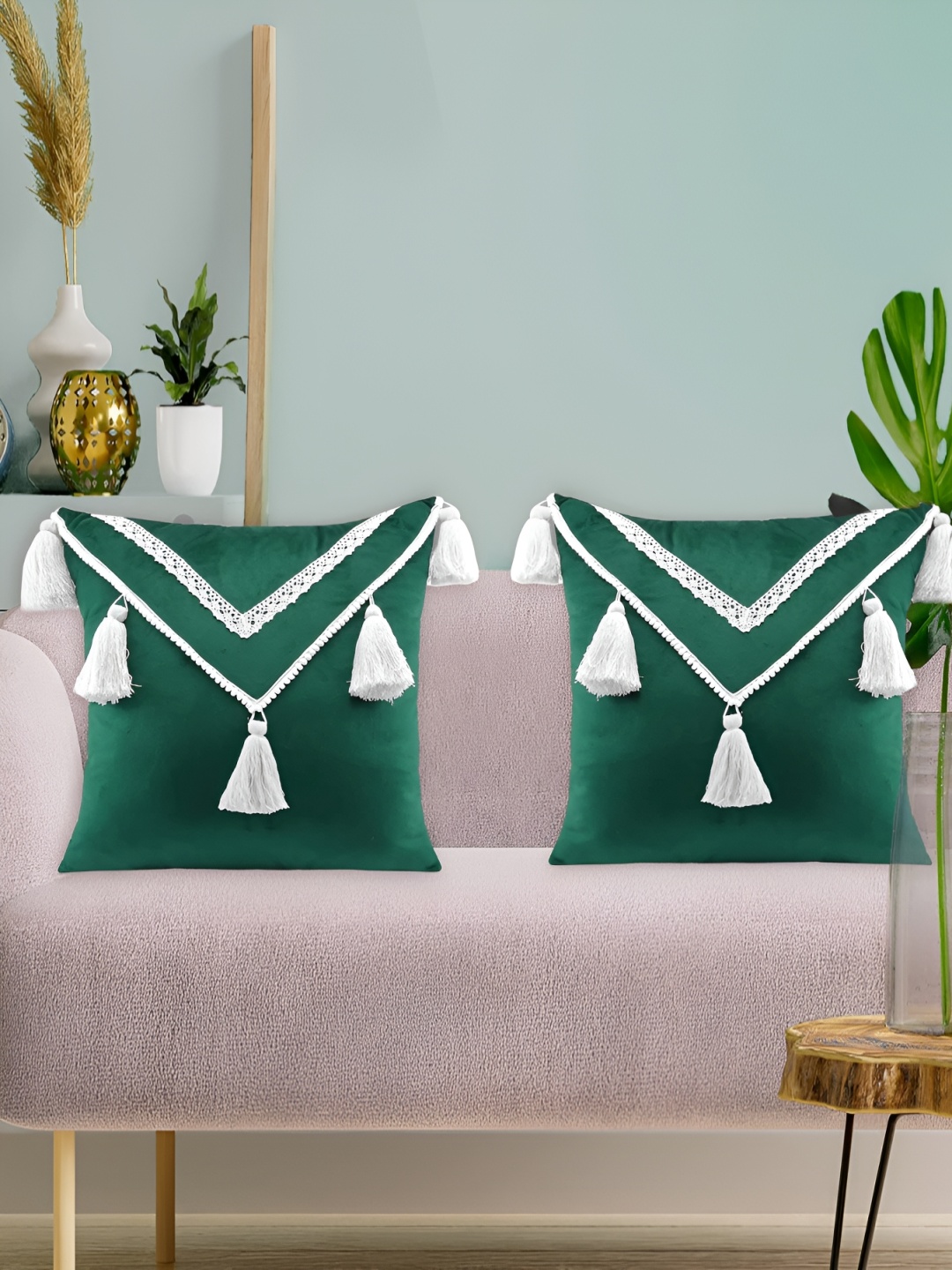 

BIRD WING Green & White 2Pcs Self Design Square Cushion Covers