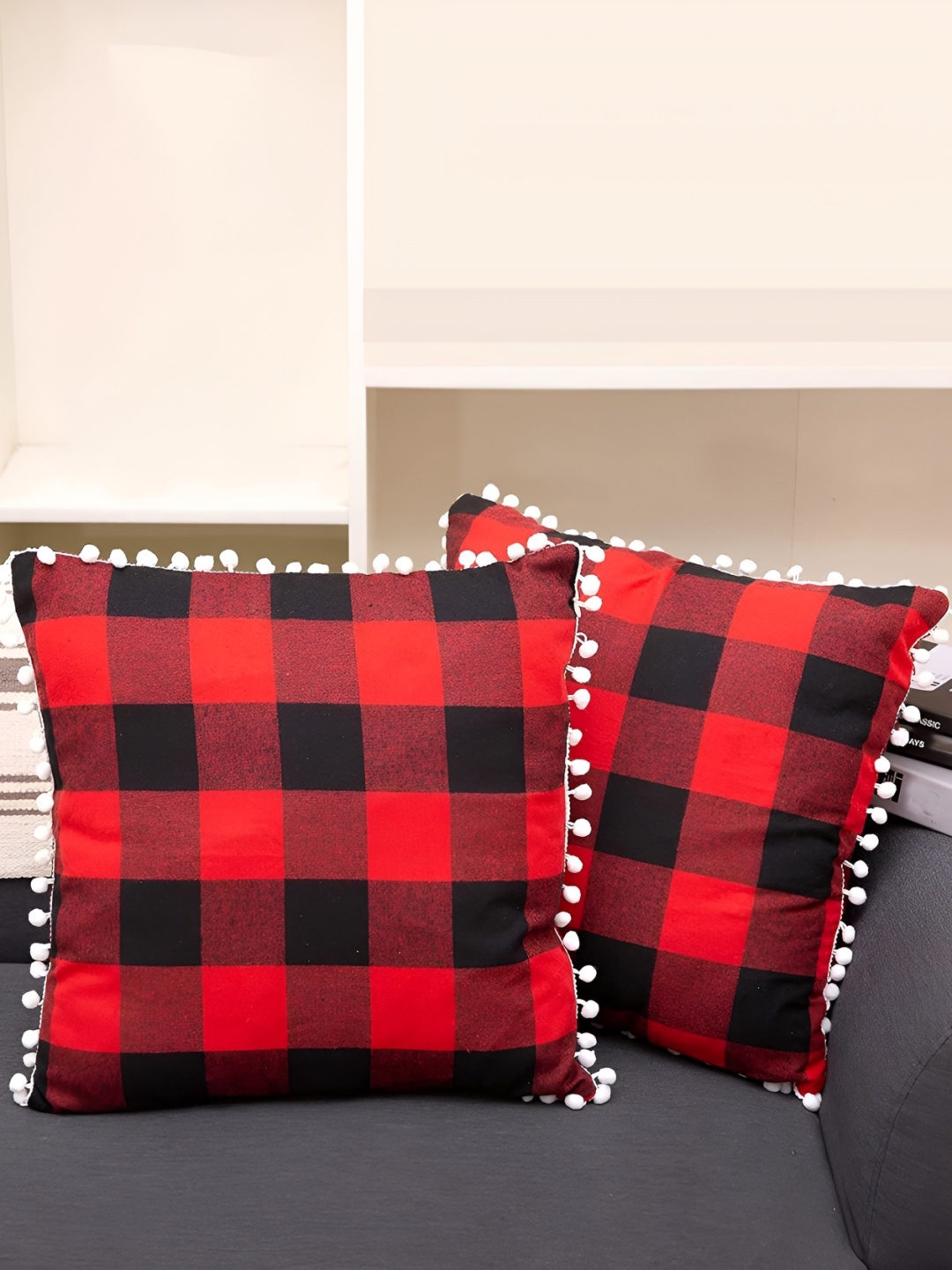 

BIRD WING Red & Black 2 Pieces Cotton Checked Square Cushion Covers