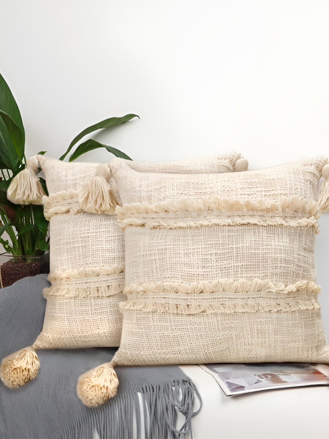 

BIRD WING Beige 2 Pieces Cotton Square Self Design Cushion Covers