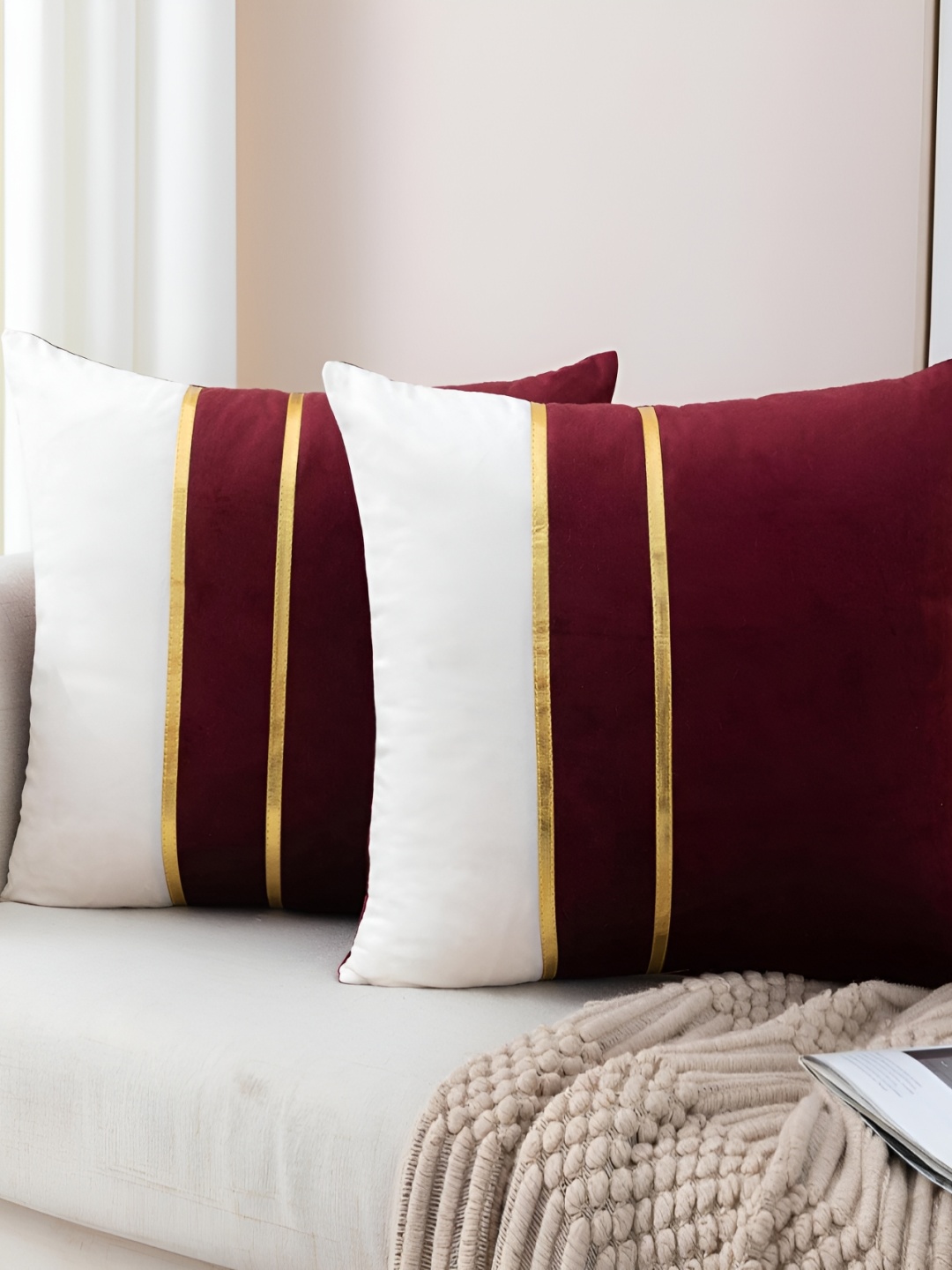 

BIRD WING White & Maroon Velvet Square Cushion Cover