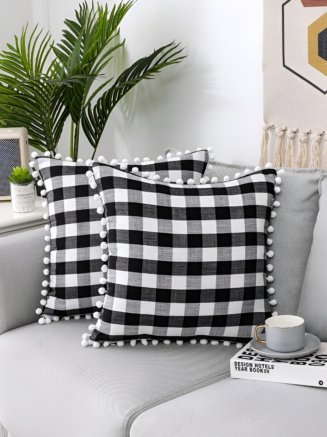 

BIRD WING White & Black Checked Embellished Cotton Square Cushion Covers