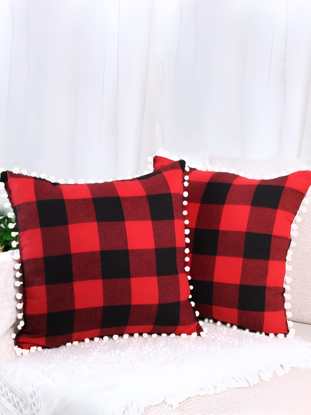 

BIRD WING Red & Black 2 Pieces Checked Square Cotton Cushion Covers