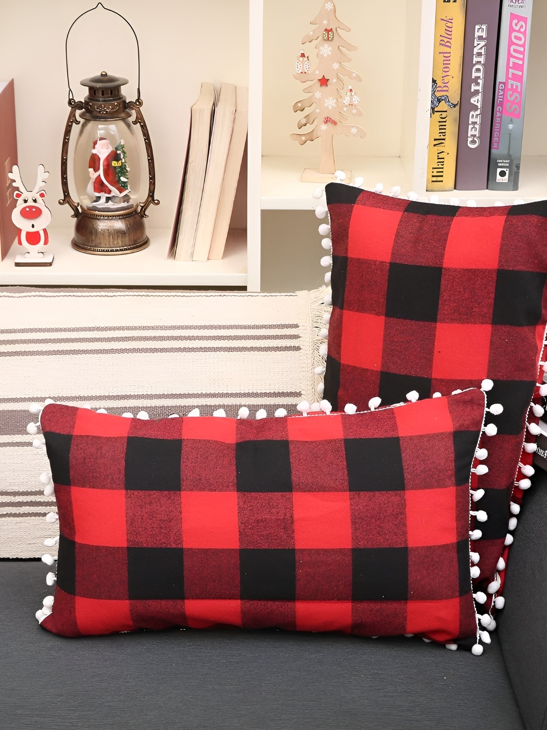 

BIRD WING Black & Red 2 Pieces Checked Cotton Square Cushion Covers