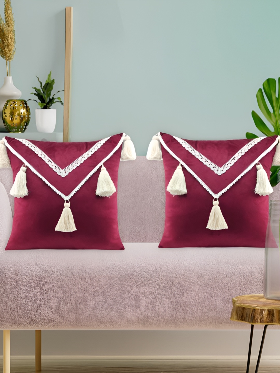 

BIRD WING Maroon 2 Pieces Velvet Square Cushion Covers
