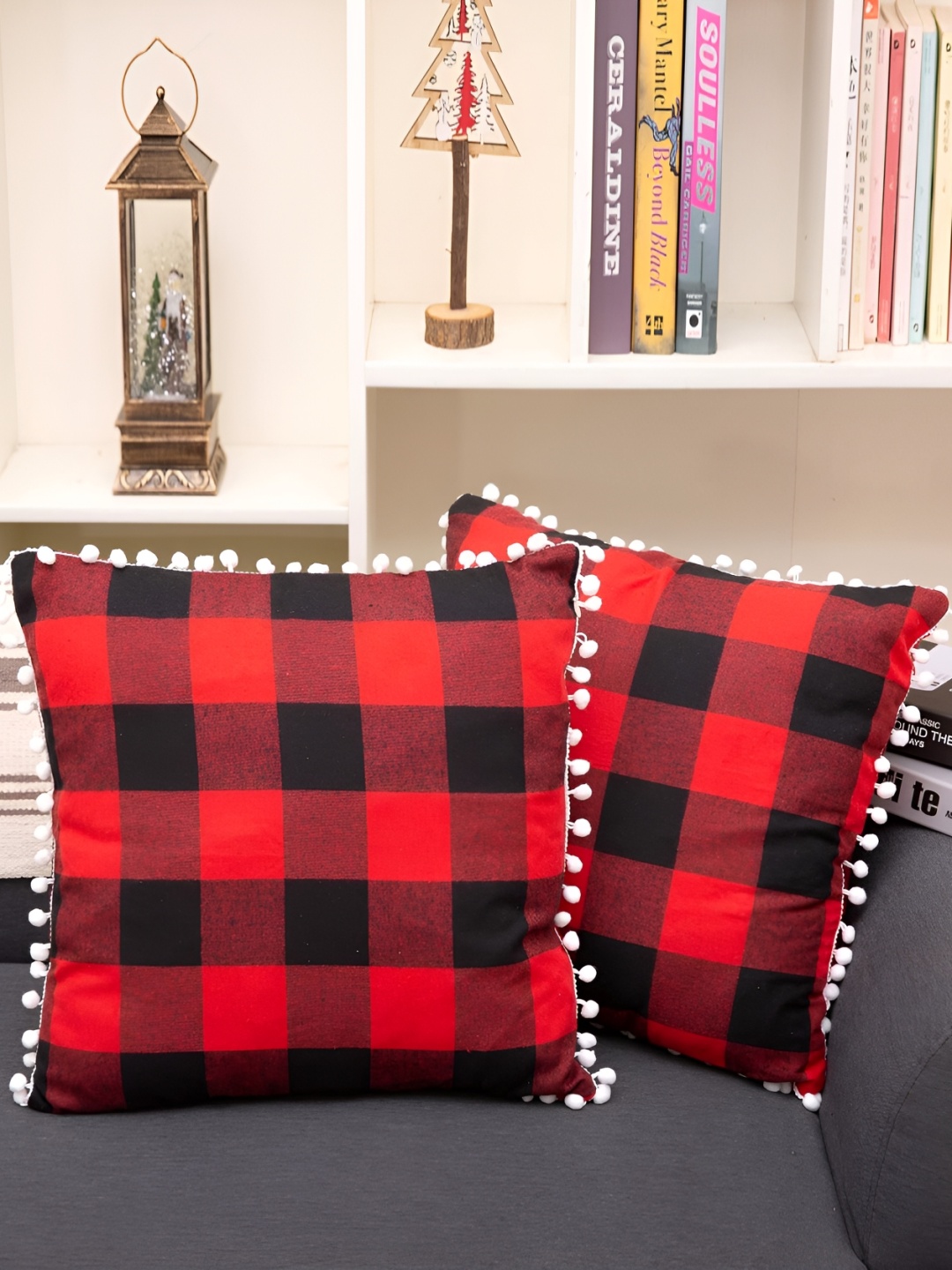 

BIRD WING Black & Red Checked Cotton Square Cushion Cover