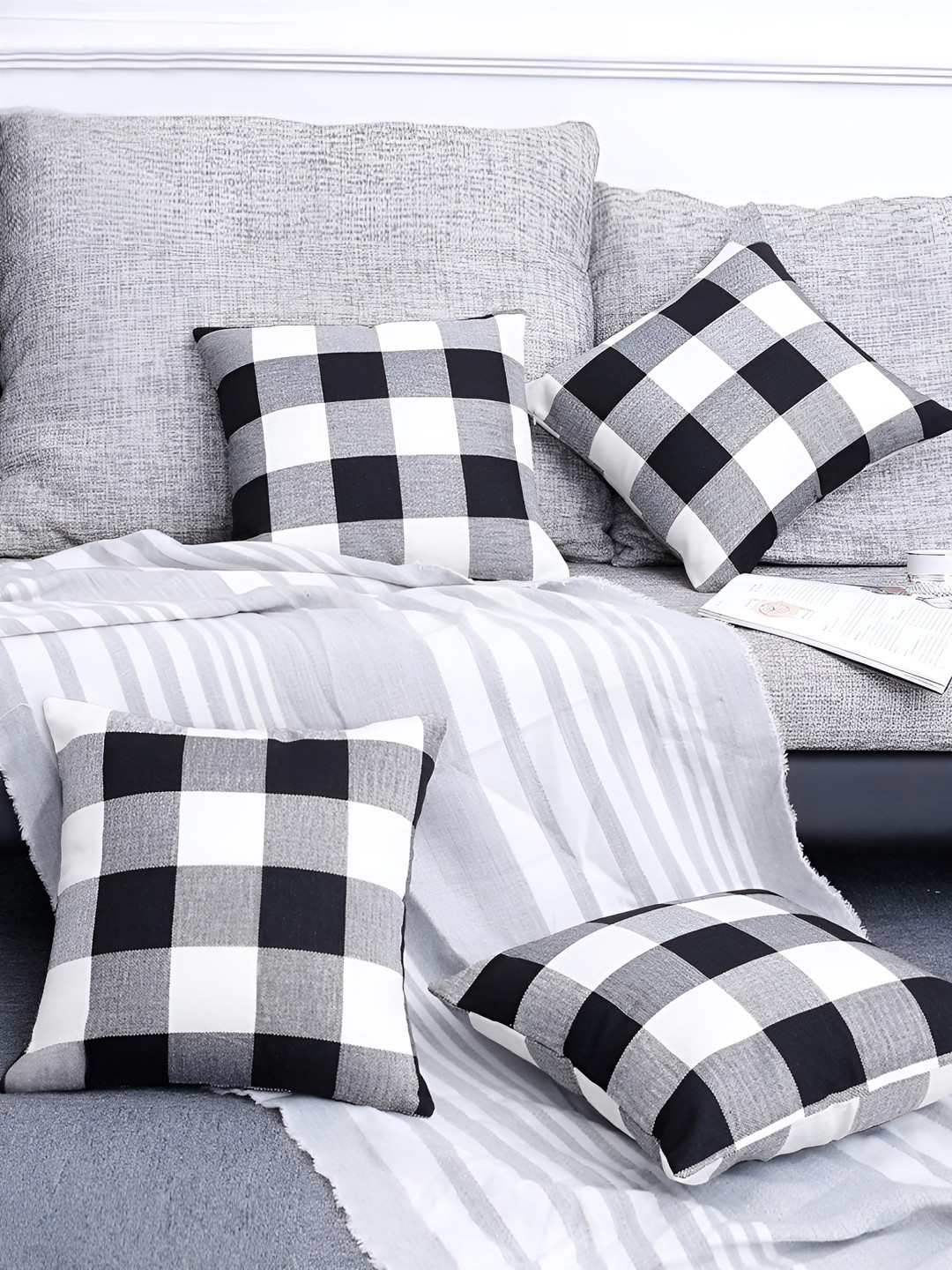 

BIRD WING Black & White Checked Cotton Square Cushion Cover