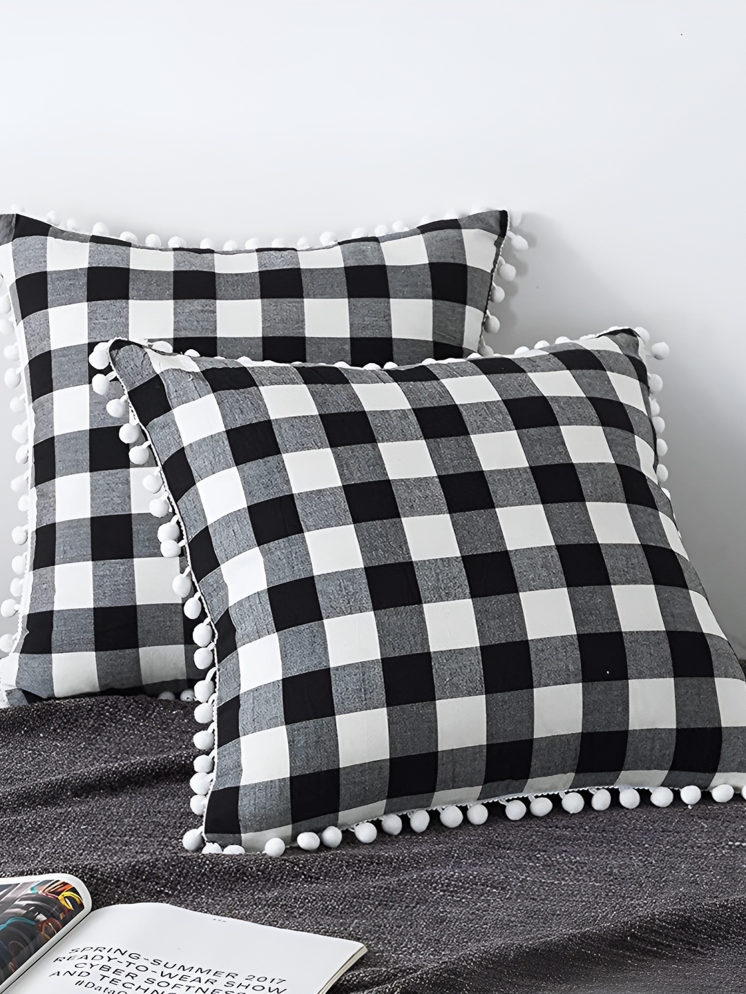 

BIRD WING Black White 2 Pieces Checked Square Cotton Cushion Covers