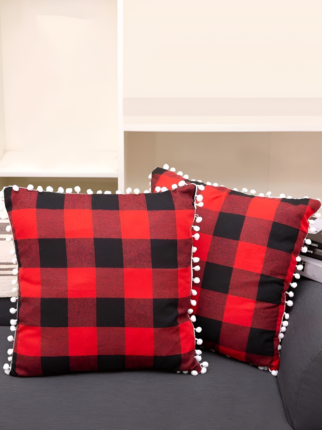 

BIRD WING Red Black 2 Pieces Checked Square Cushion Covers