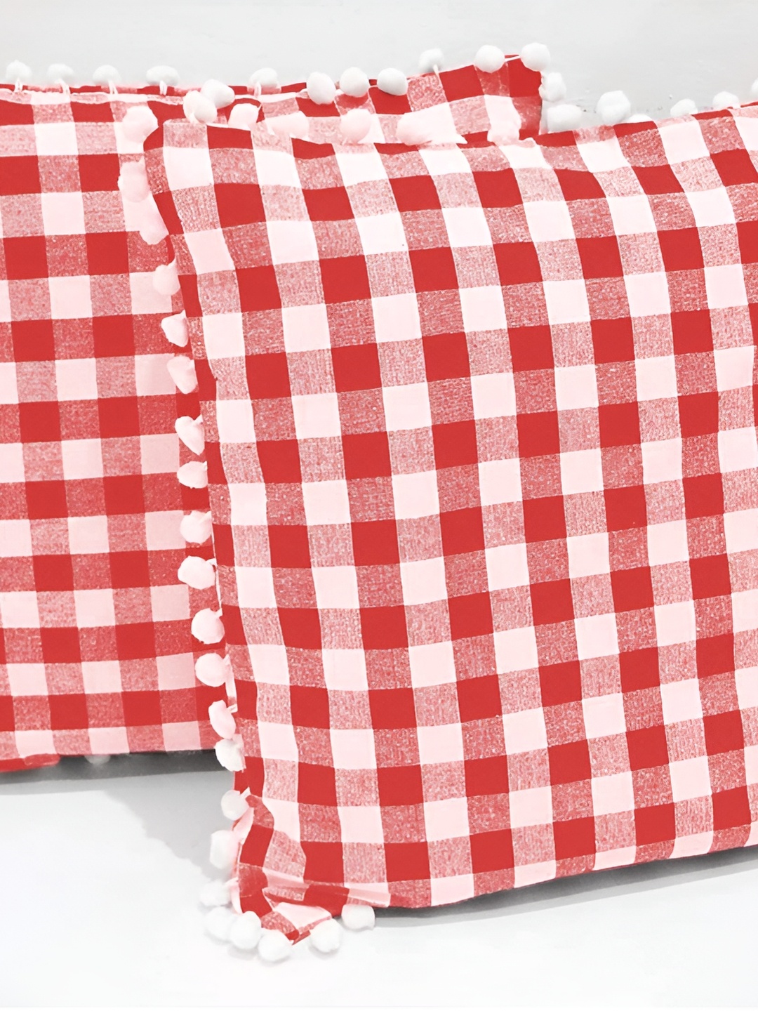 

BIRD WING Red White 2 Pieces Checked Square Cotton Cushion Covers