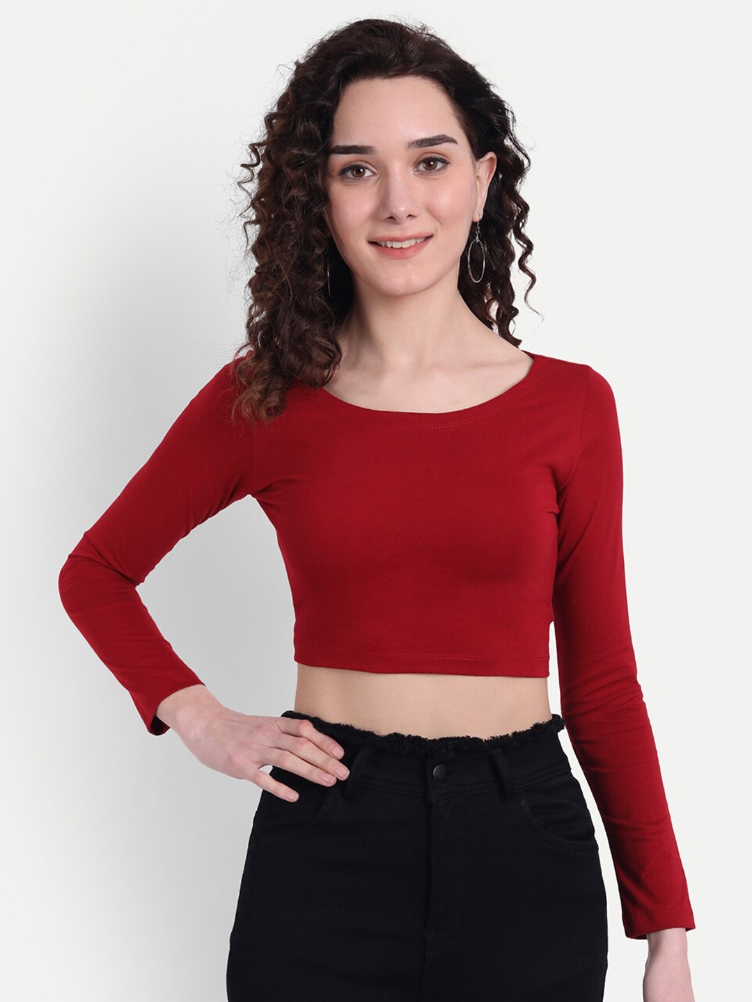 

COLOR CAPITAL Long Sleeves Slim Fit Crop T-shirt, Maroon