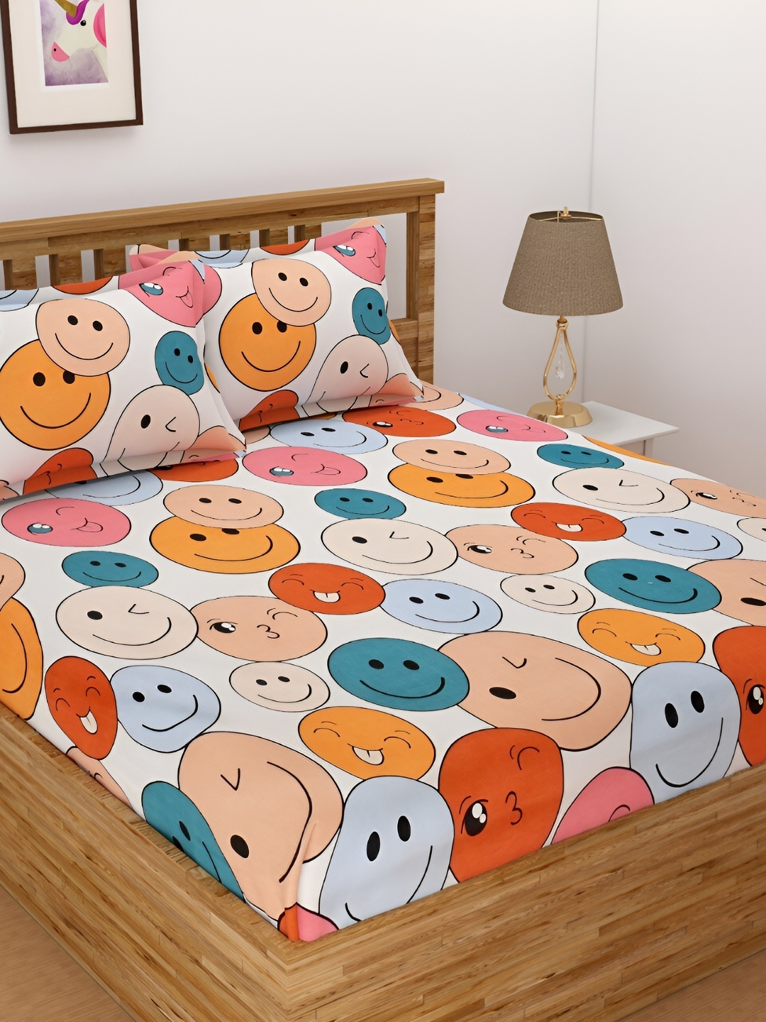 

RIDHAAN White & Pink Graphic Printed Fitted 210 TC King Bedsheet with 2 Pillow Covers