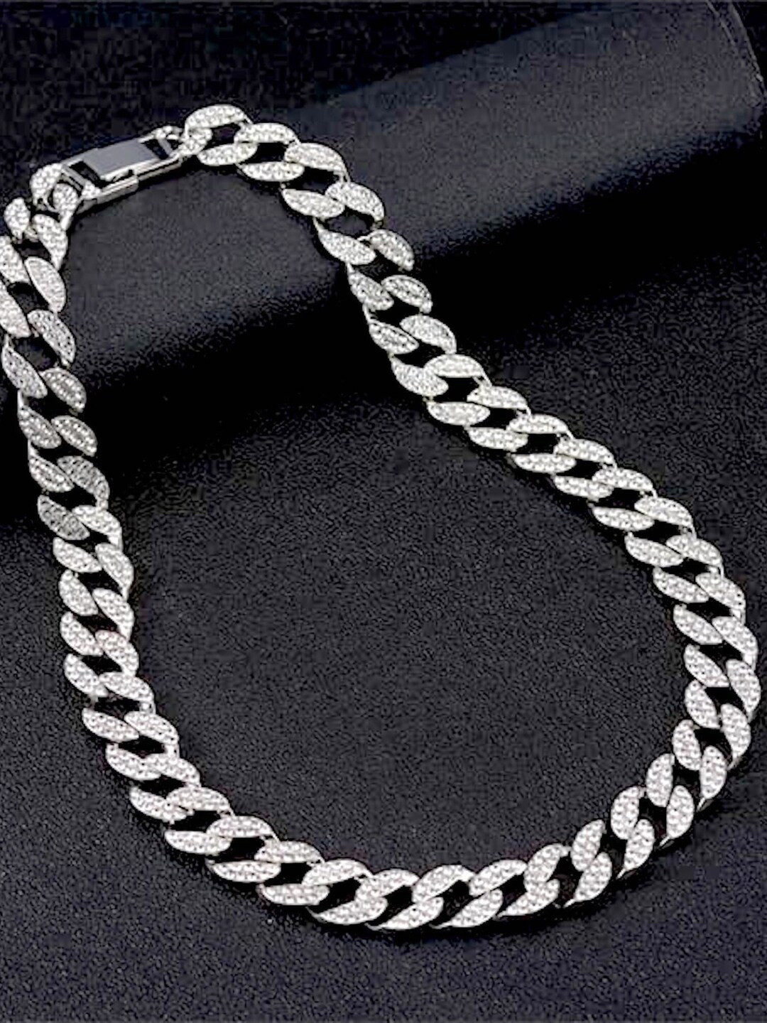 

SALVE Men Stainless Steel Cubic Zirconia Studded Curb Chain, Silver