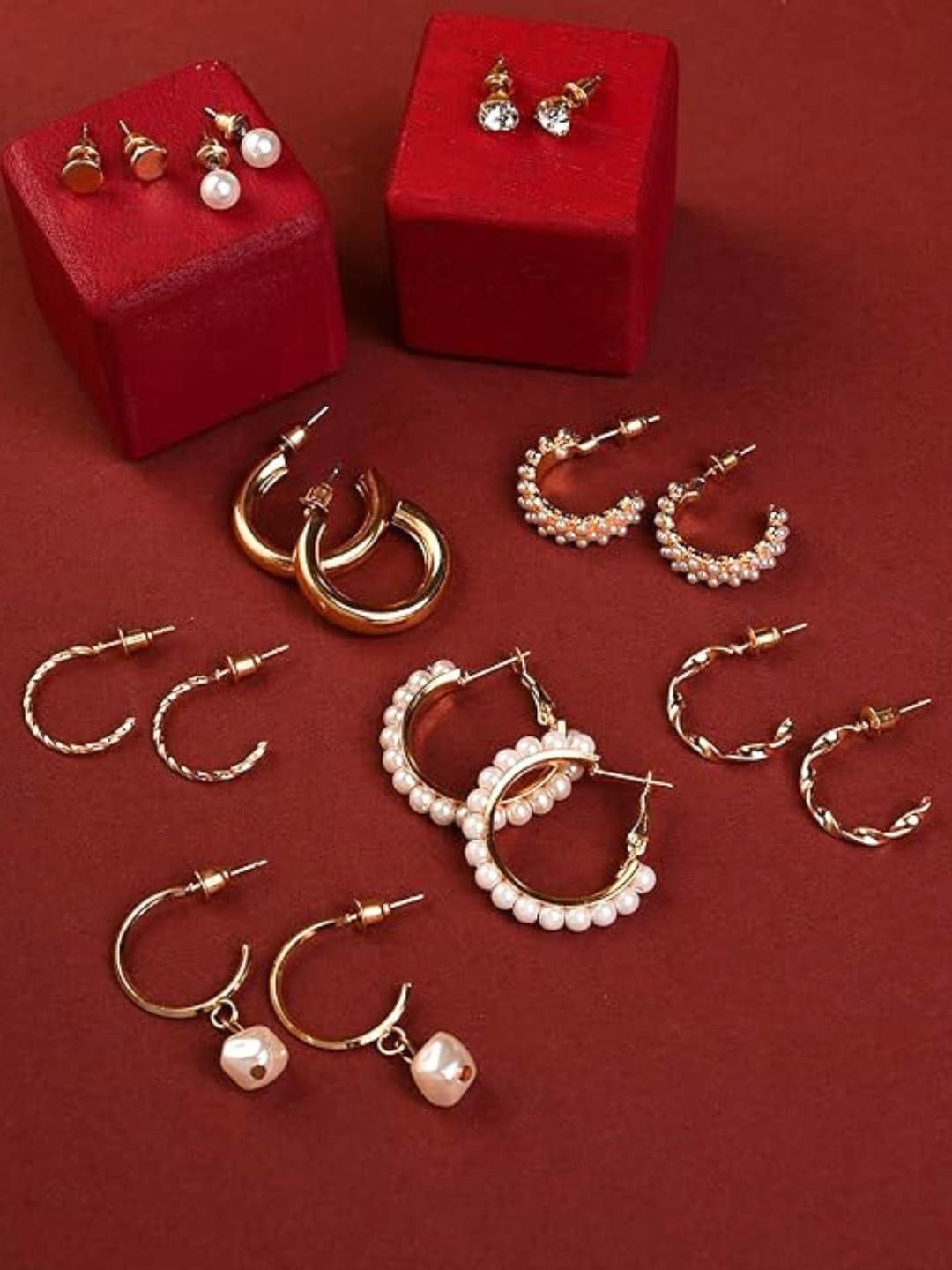 

SALVE Set of 9 Circular Studs & Hoop Earrings, Gold