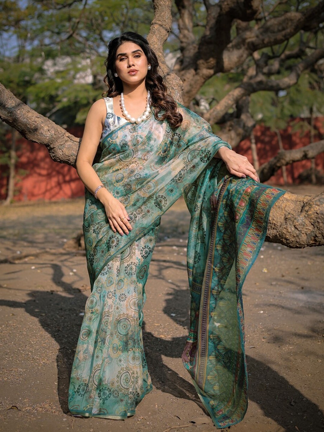 

MIRCHI FASHION Ajrak Printed Organza Saree, Green