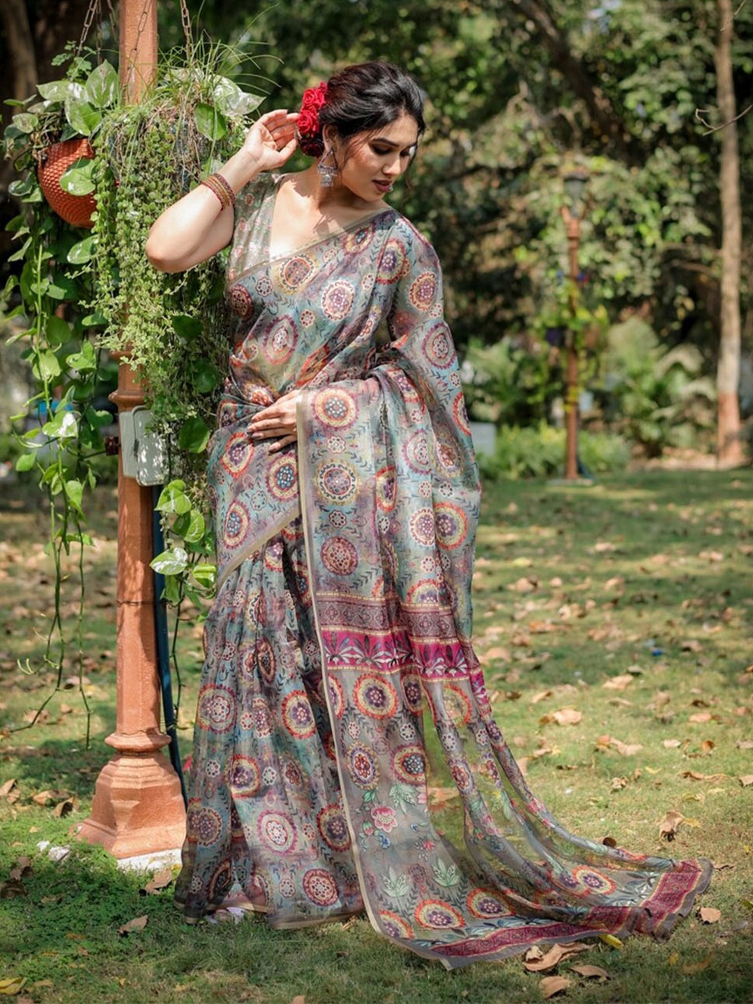 

MIRCHI FASHION Ajrak Block Printed Organza Saree, Green