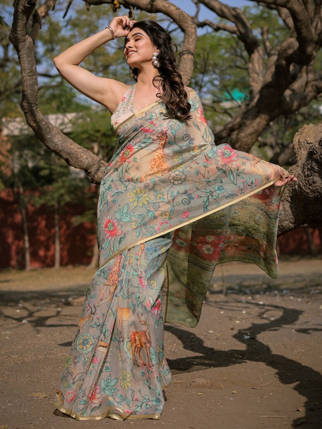 

MIRCHI FASHION Floral Printed Zari Organza Designer Saree, Beige