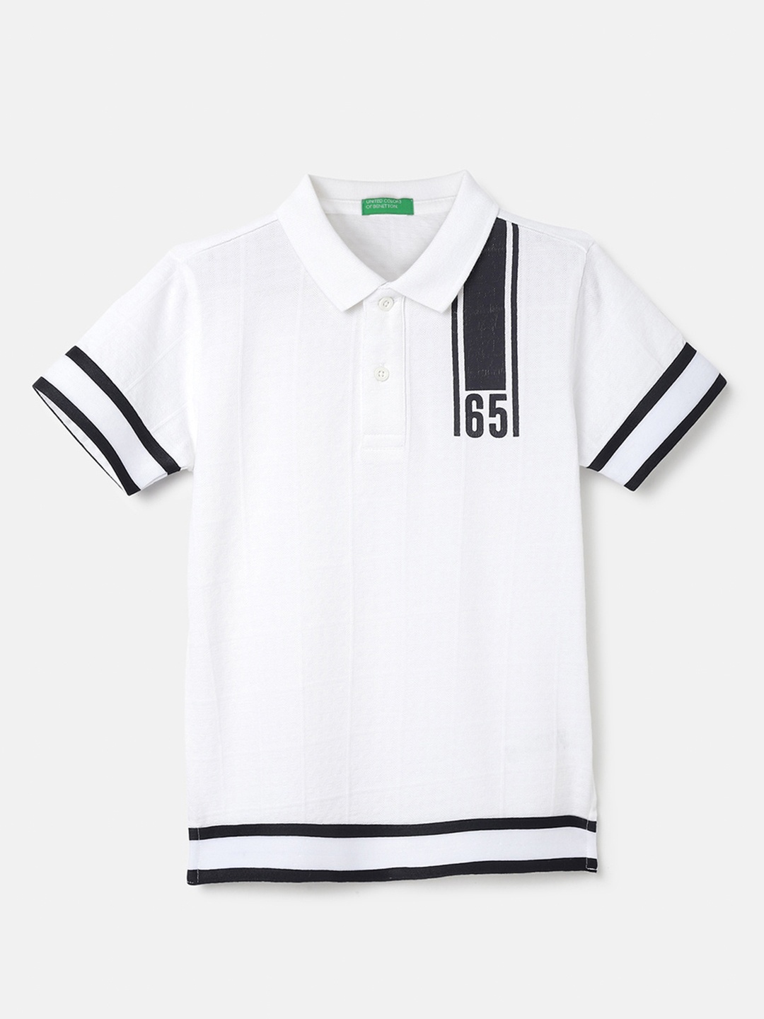 United Colors of Benetton Boys Striped Polo Collar Pure Cotton T-shirt, White