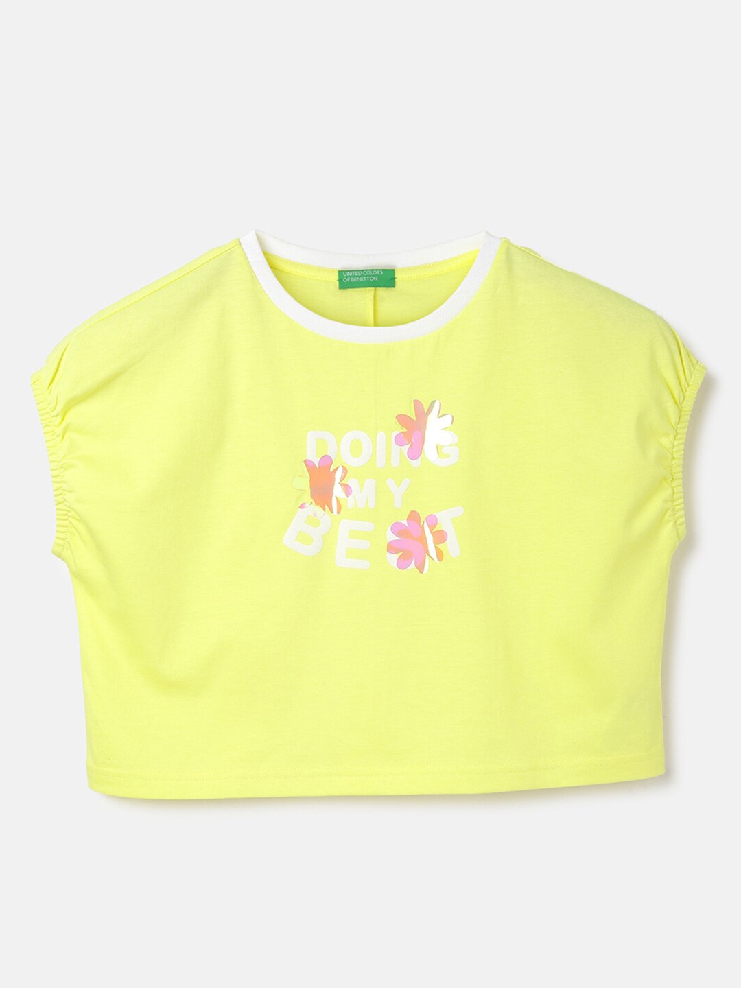 

United Colors of Benetton Girls Typography Printed Pure Cotton T-shirt, Yellow