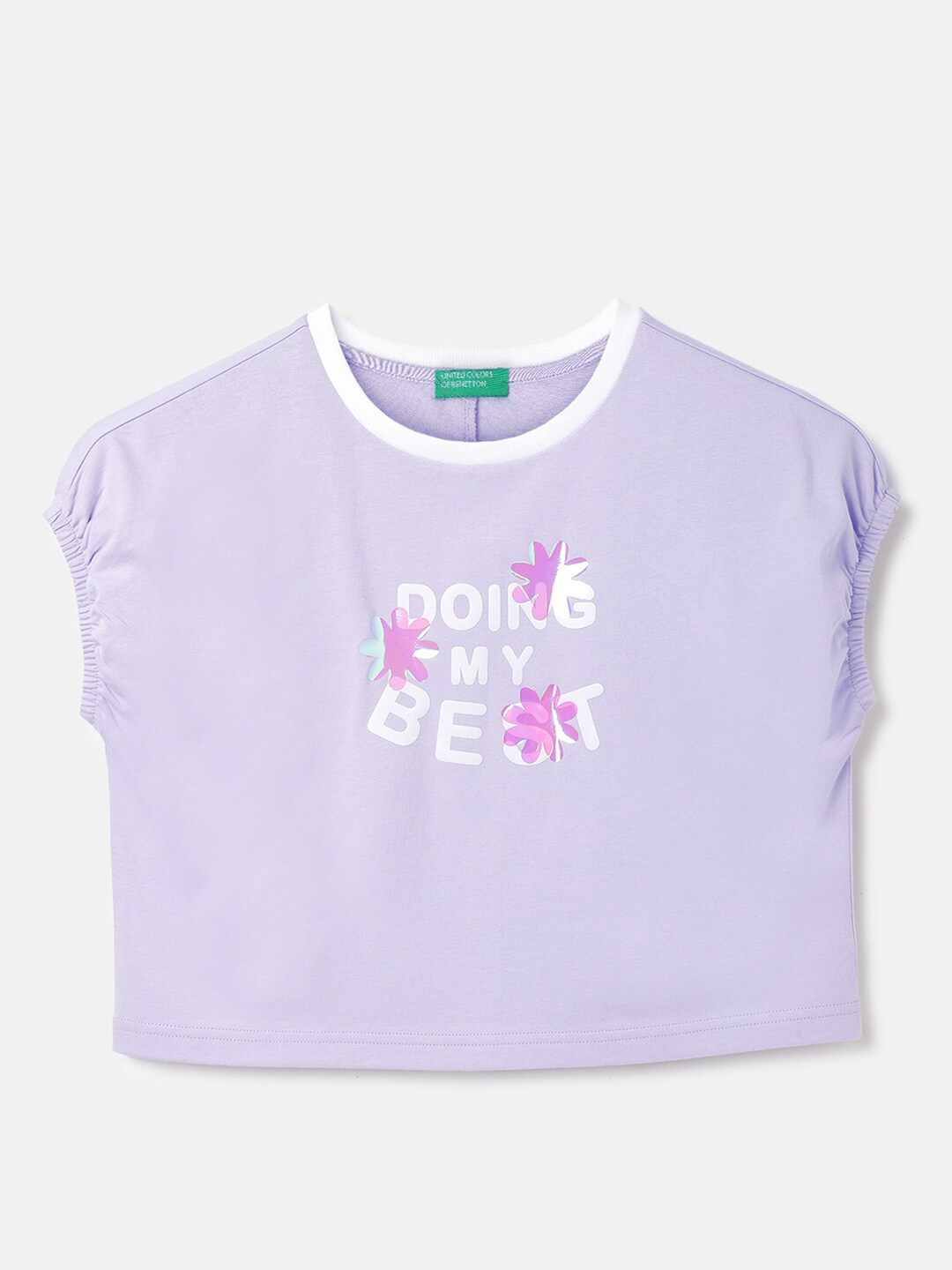 

United Colors of Benetton Girls Typography Printed Pure Cotton T-shirt, Purple