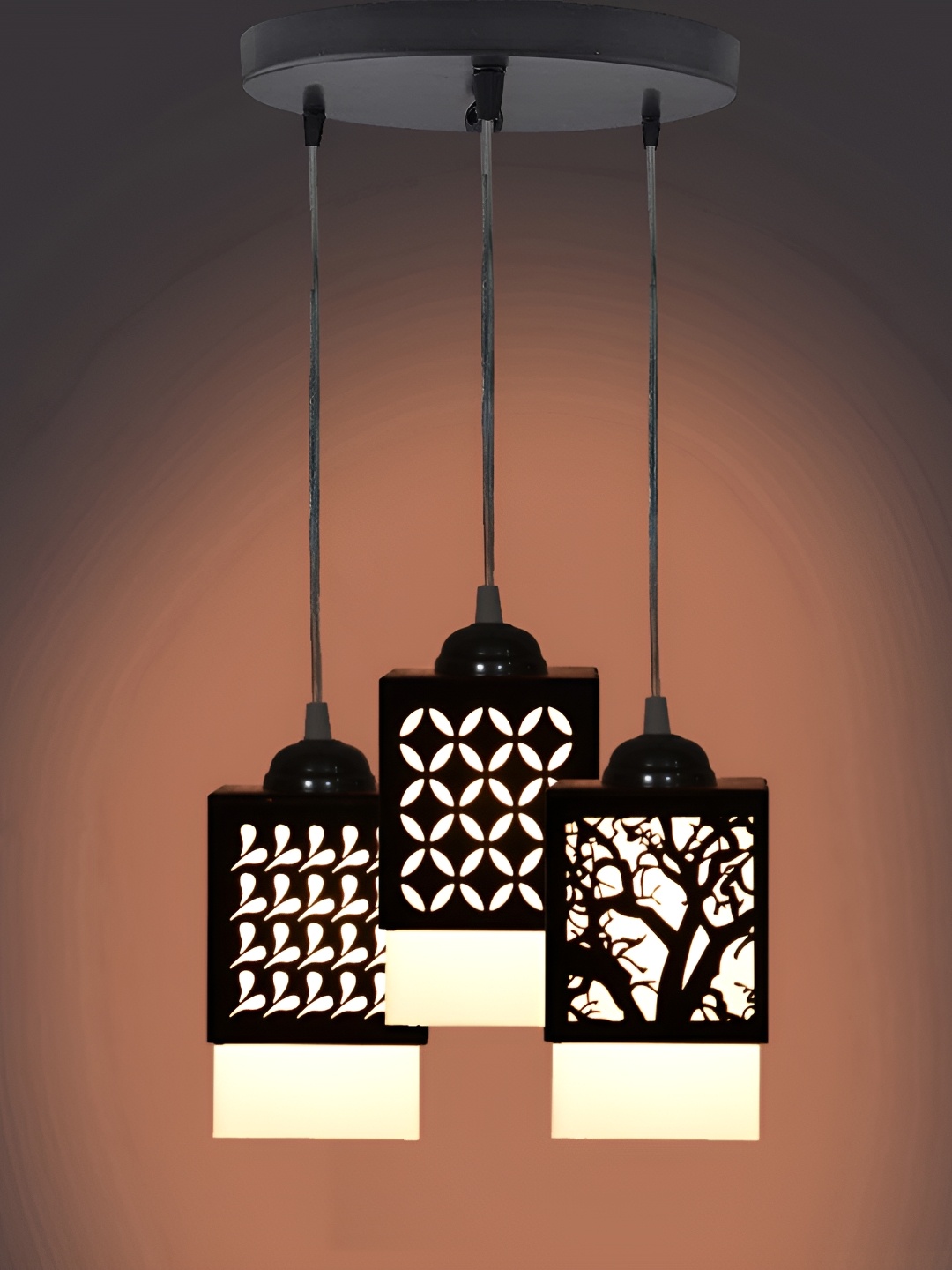 

1ST TIME Black & Silver-Toned Wooden Textured Traditional Ceiling Lamp