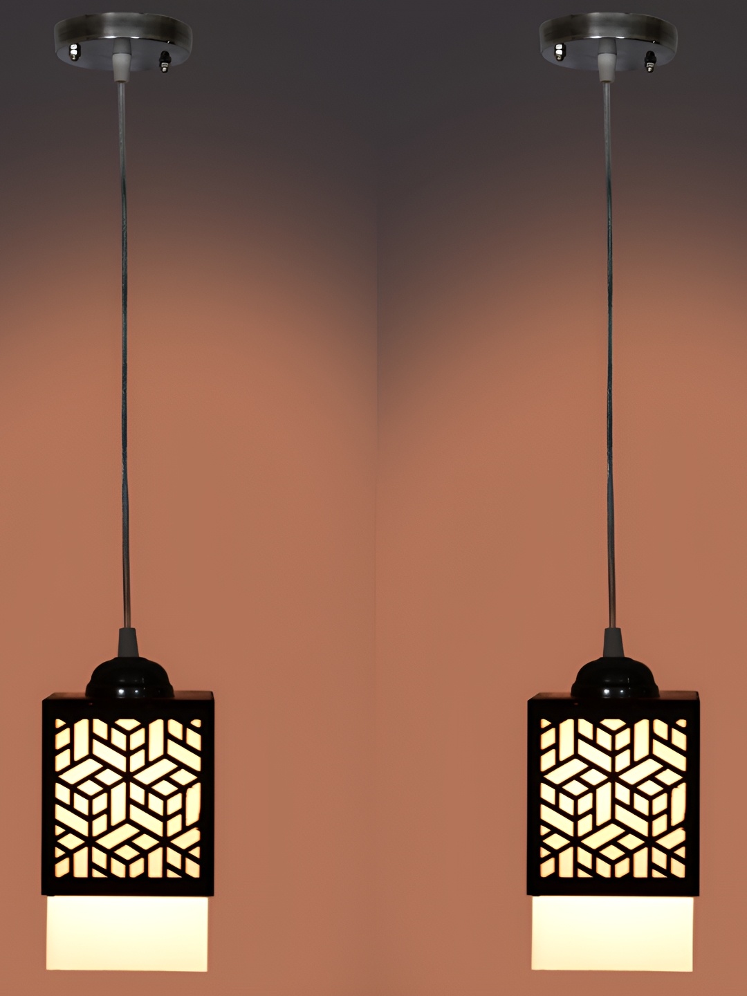 

1ST TIME Black & White 2Pcs Textured Wooden Traditional Rectangle Shaped Ceiling Lamps