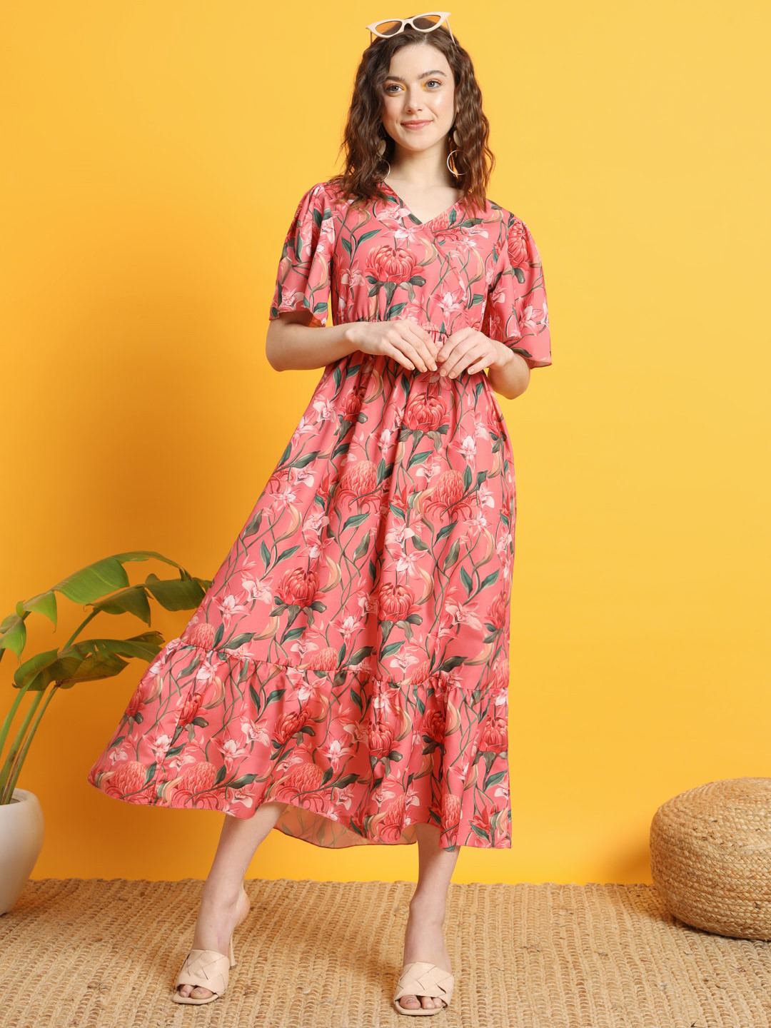 

The Dry State Pink V-Neck Floral Print Fit & Flare Midi Dress