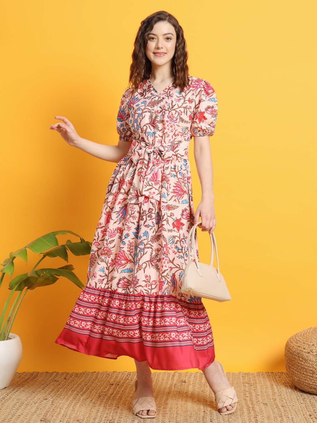 

The Dry State Pink V-Neck Floral Print A-Line Midi Dress