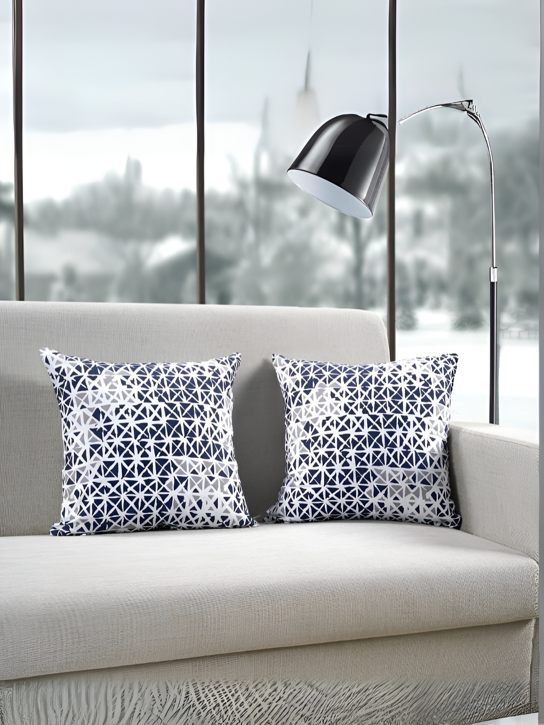 

Aurave Blue & White 2 Pieces Geometric Square Cushion Covers