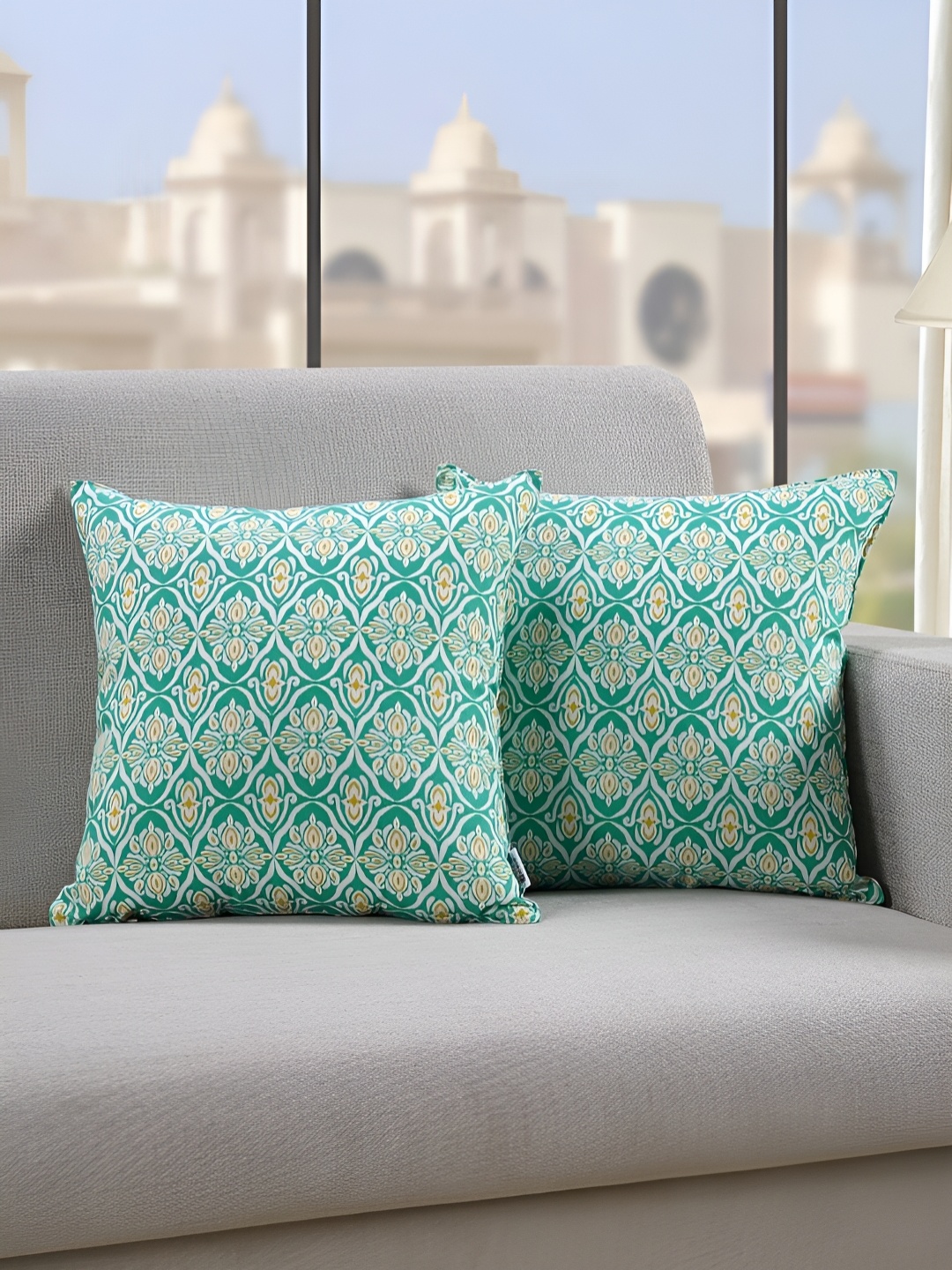 

Aurave Green & Yellow 2 Pieces Floral Square Cushion Covers