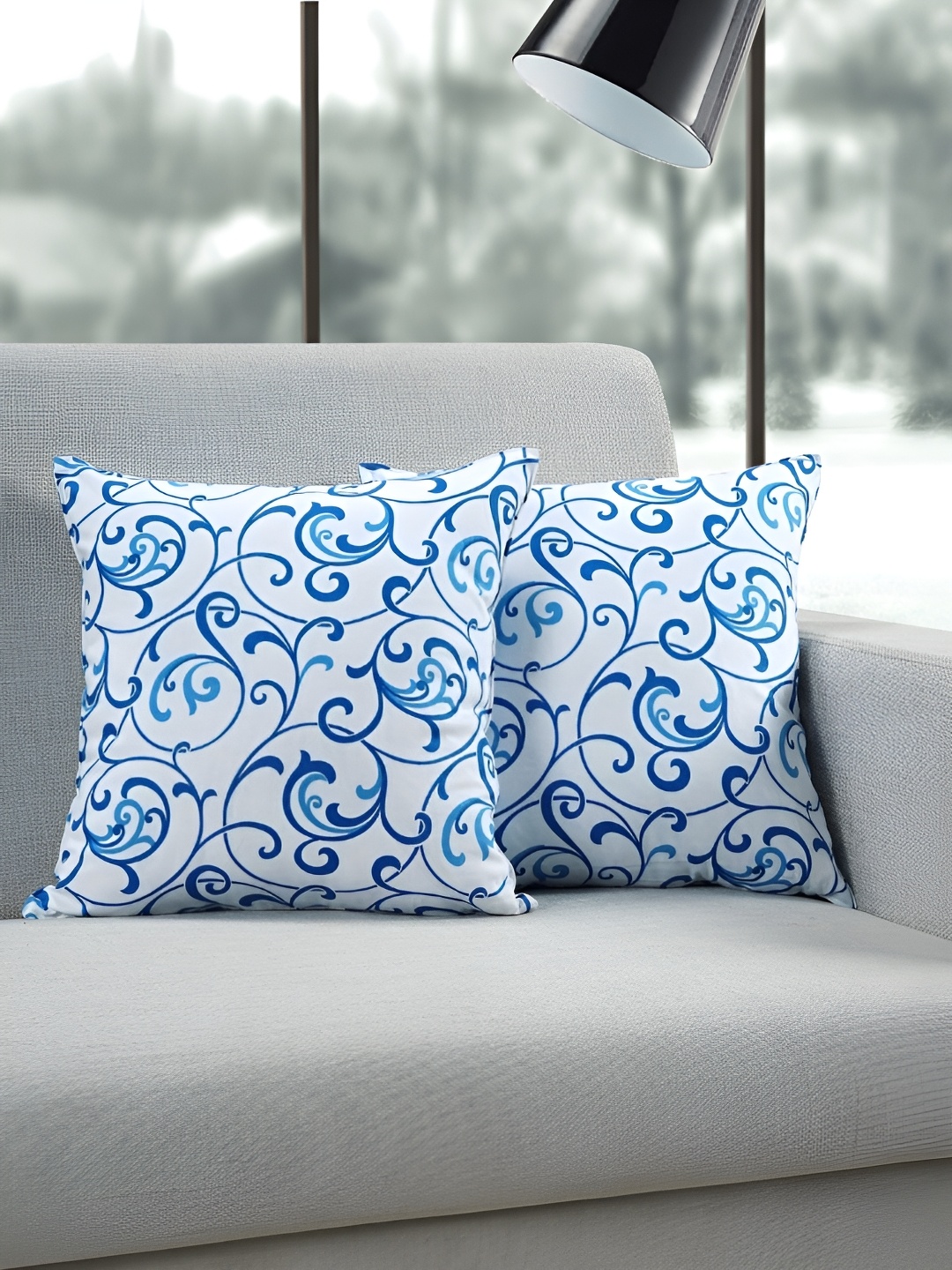 

Aurave Blue & White 2 Pieces Floral Cotton Square Cushion Covers