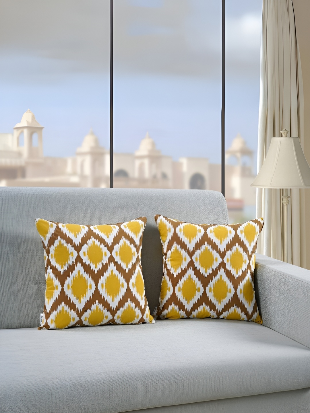 

Aurave Mustard & Brown 2 Pieces Geometric Square Cushion Covers