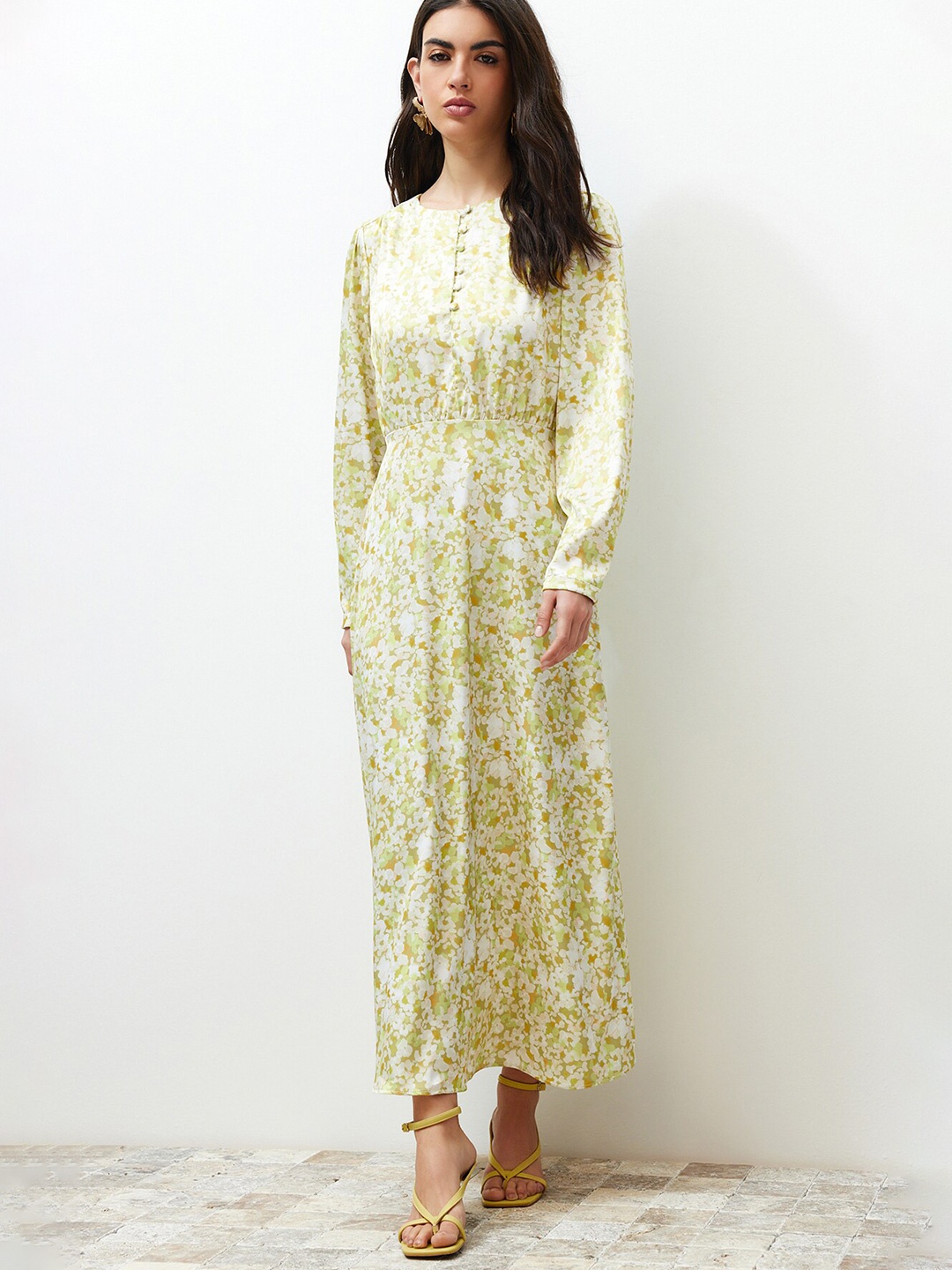 

Trendyol Floral Print Round Neck Puff Sleeve Fit & Flare Maxi Dress, Yellow