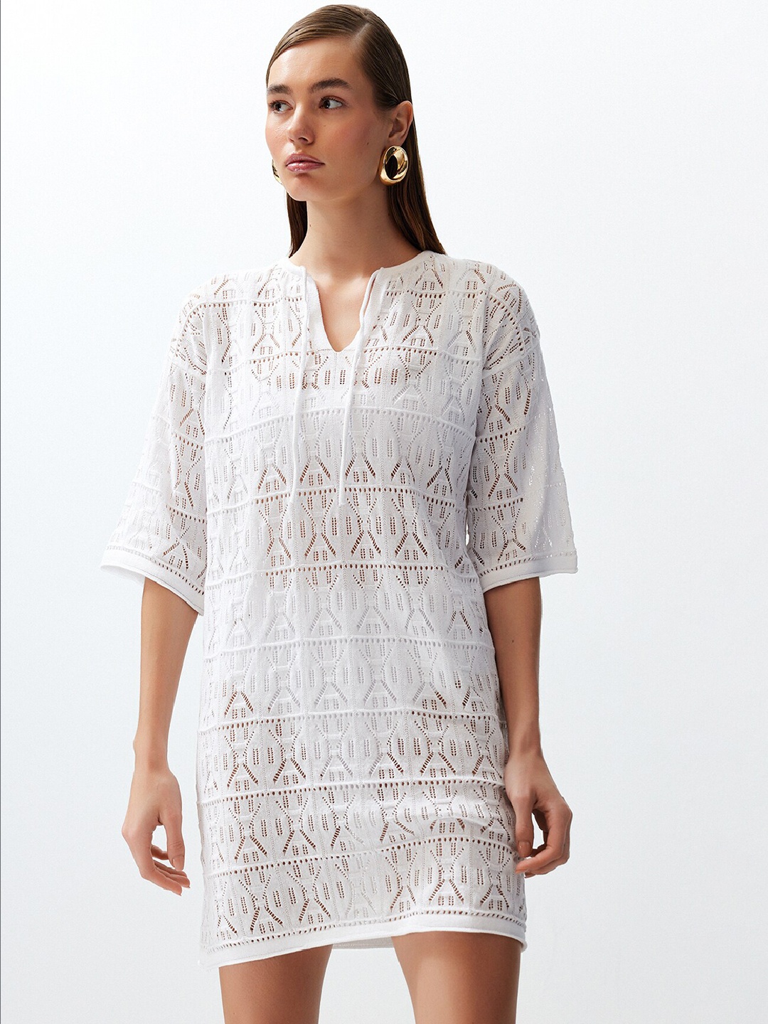 

Trendyol Self Design Tie Up Neck A-Line Dress, White